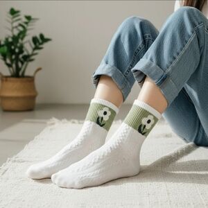 Vintage Style Cable Knit Socks, White Socks with Green Floral Cuff